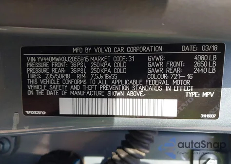 2018 Volvo V60 Cross Country T5 z USA, uszkodzony, nr VIN YV440MWK8J2055915